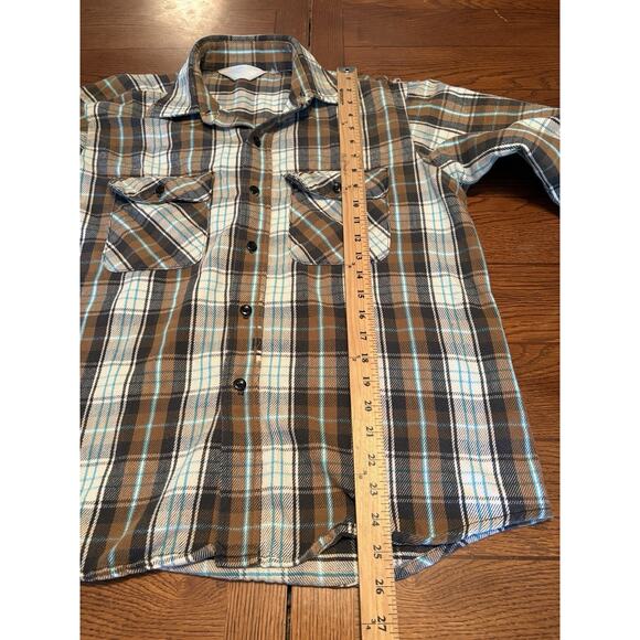 Vintage Clydesdale Flannel Shirt Distressed Sz Lg Blue Aqua Plaid Mountain Fall - Picture 6 of 7